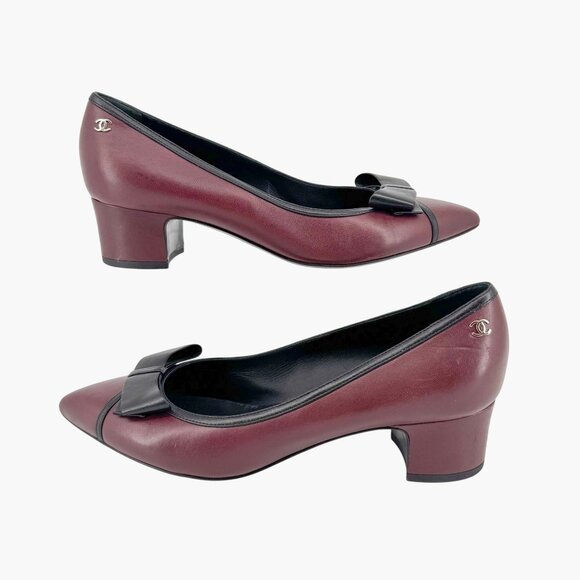 Chanel Pointed Toe Bow Pumps Size 38 US 7-7.5 Maroon Leather CC Mid Block Heel - Picture 8 of 15